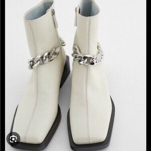 white zara square toe boots with silver chunky chain